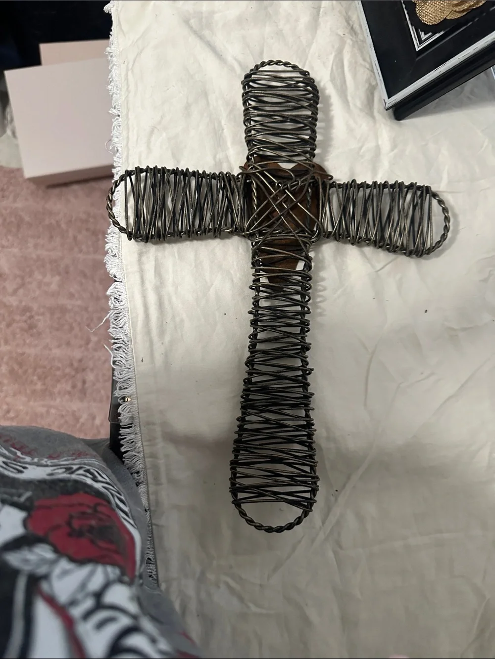 Framed Burlap Blessing Sign with Black frame & wire wrapped cross